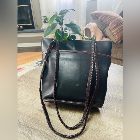 BRIGHTON Black and Brown Croc Pattern Leather Tote Bucket Shoulder Bag - Picture 2 of 5